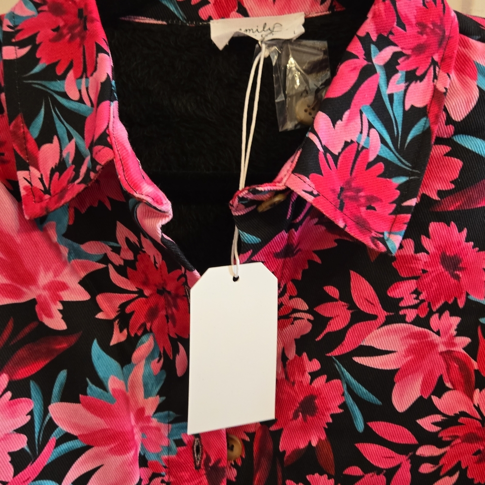 NWT Floral Pink Women's Faux Fur Lined Demin Jacket